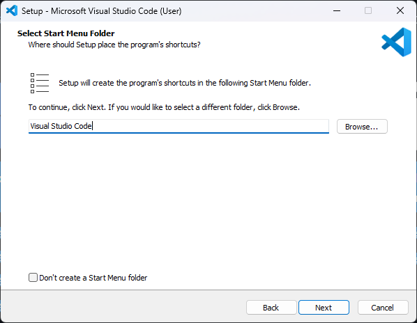 VS Code Select Start Menu Folder