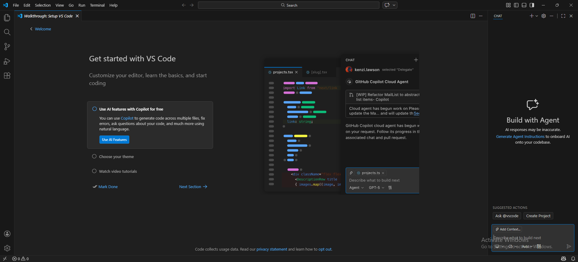 VS Code 첫 실행 화면