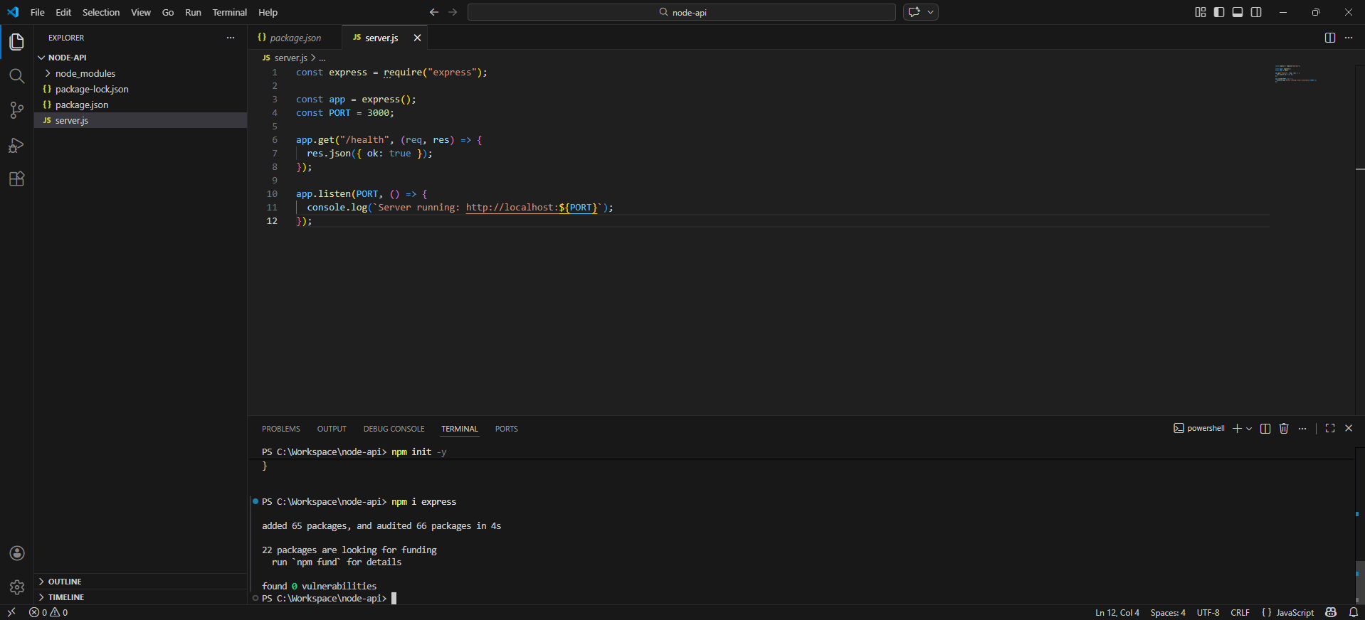 VS Code에서 server.js 파일이 열려 있는 화면